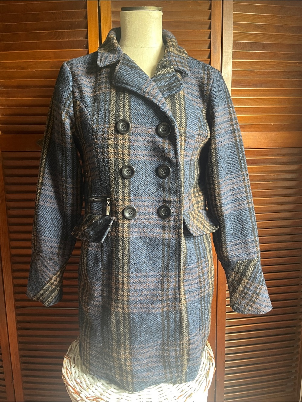 Dollhouse Blue Plaid Double-Breasted Pea Coat with Tan Accents